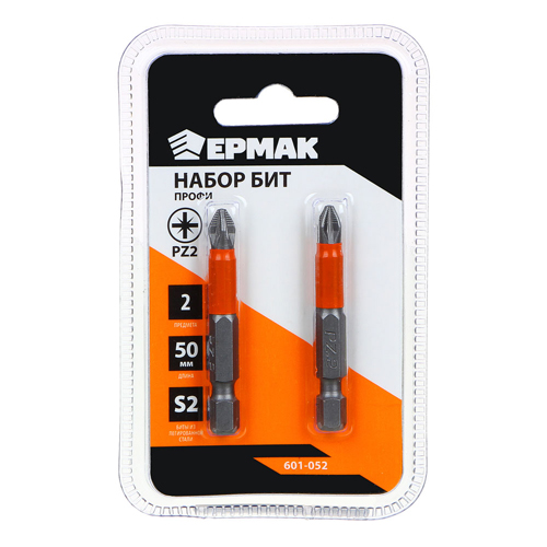 Биты PZ2 50мм ЕРМАК ПРОФИ, PZ2, 50мм, сталь S2, 2 шт. , 1/500