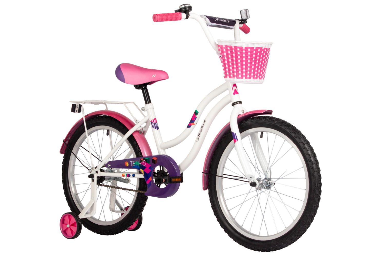 Велосипед NOVATRACK 20, TETRIS белый, тормоз нож, крылья цвет, багажник, корзина, защ.цепи
