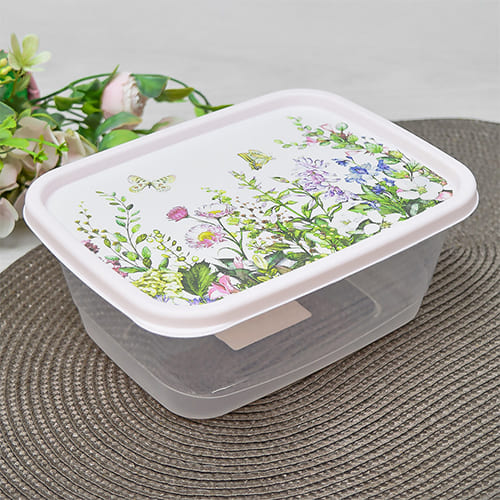 Контейнер для продуктов 1.5 л Homver 223111007/01, с декором Цветущий луг, прямоугольный, светло-розовый