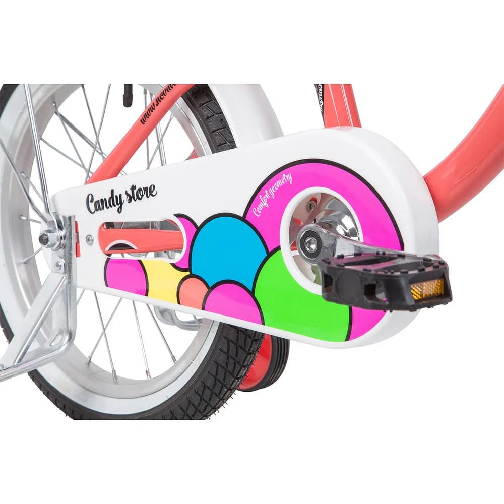 Велосипед NOVATRACK 16,  CANDY, коралловый, полная защита цепи, тормоз нож., сумочка на руль, крылья