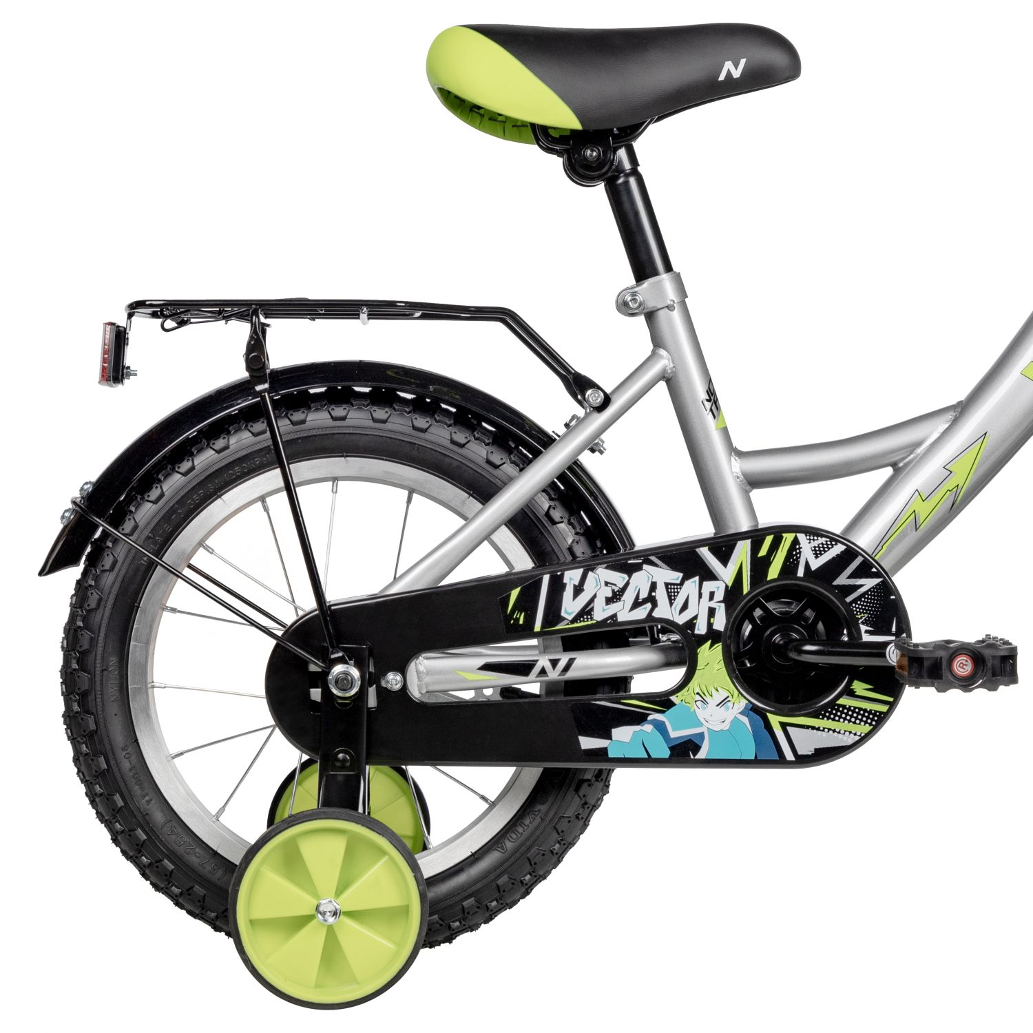 Велосипед NOVATRACK 14, VECTOR серебристый, тормоз нож, крылья, багажник, полная защ.цепи