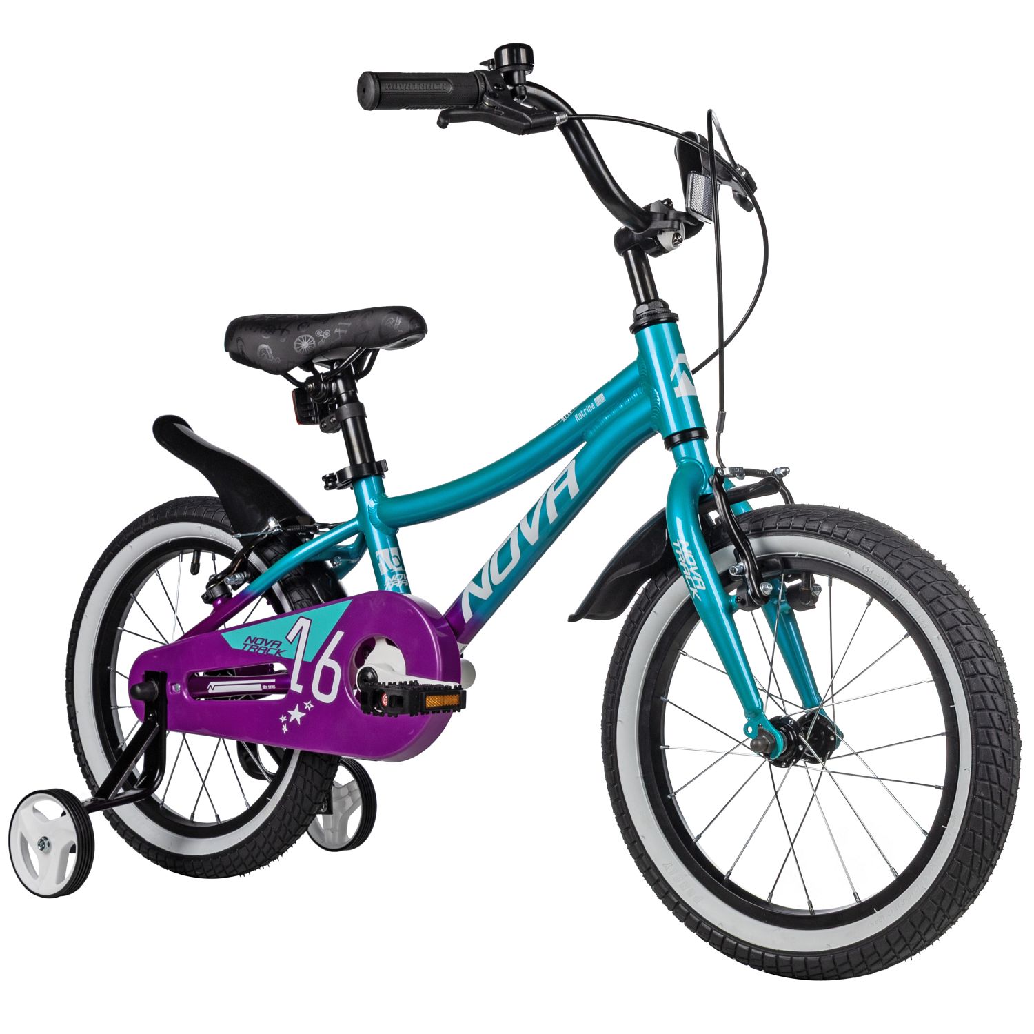 Велосипед NOVATRACK 16, KATRINA алюм., зелёный-фиолетов, полная защ.цепи, V-brake, короткие крылья