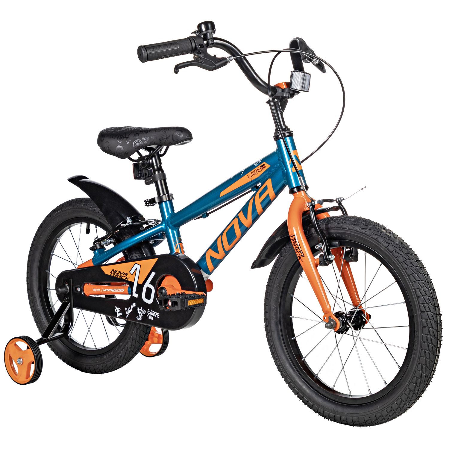 Велосипед NOVATRACK 16, EXTREME алюм., бирюзовый, полная защ.цепи, V-brake, короткие крылья, полная