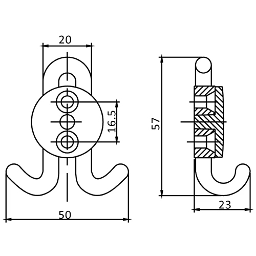 яяяКрючок мебельный Trodos "DMZ-30020" 2-рожковый, сплав ЦАМ, хром (5/50)
