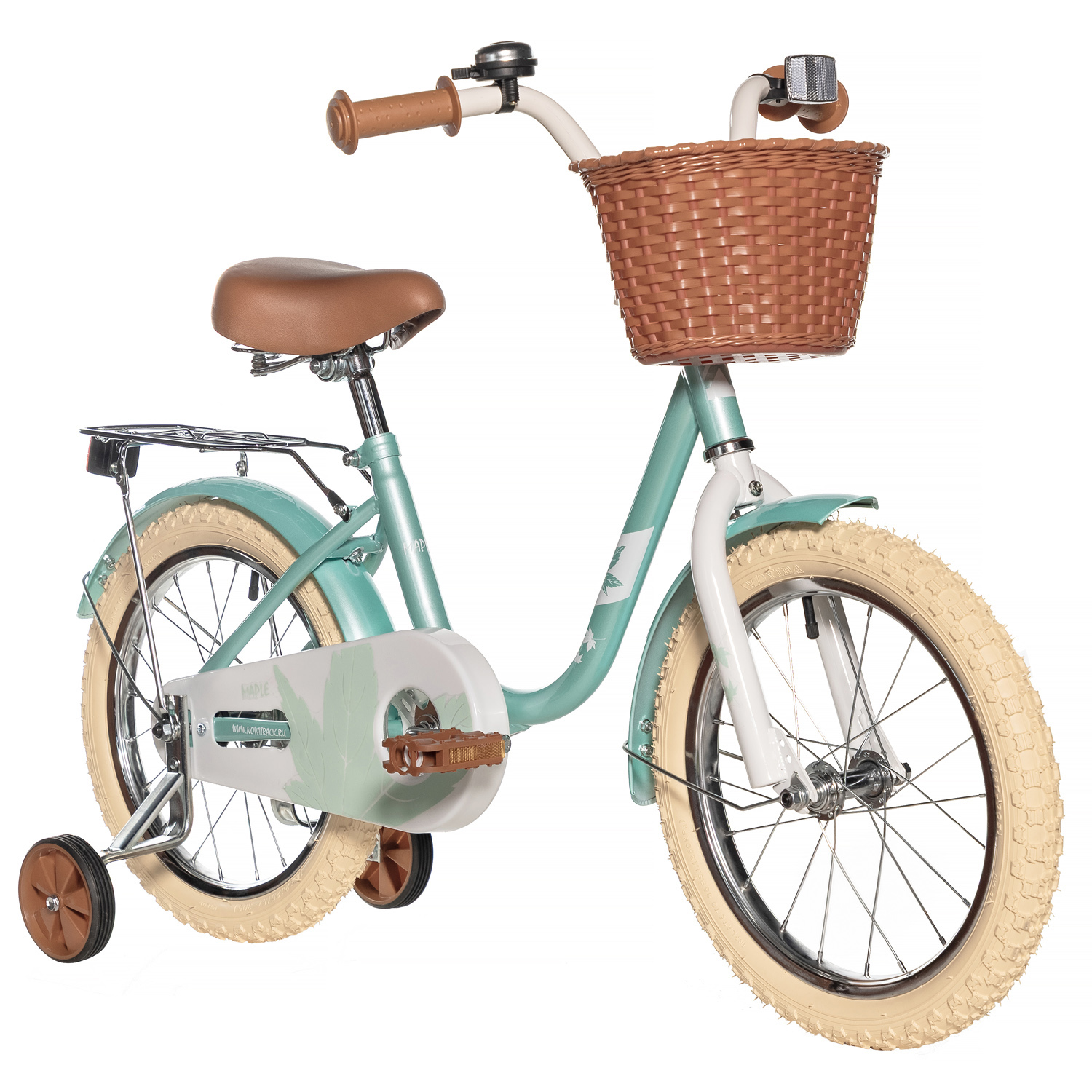 Велосипед NOVATRACK 16, MAPLE, светло бирюзовый, полная защита цепи, тормоз нож., крылья, багажник, пе