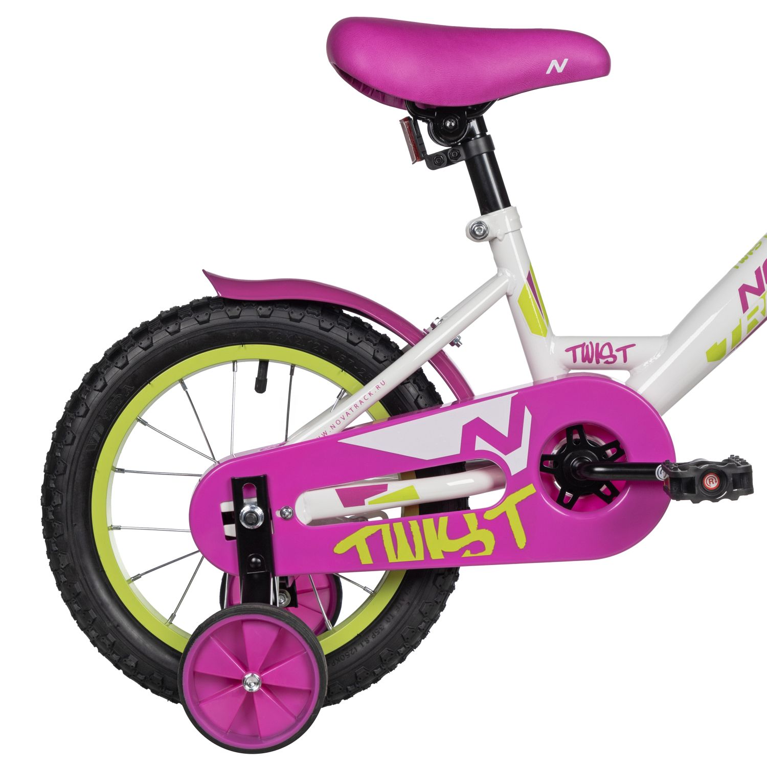 Велосипед NOVATRACK 14, TWIST белый, тормоз нож, крылья корот, полная защ.цепи, корзина