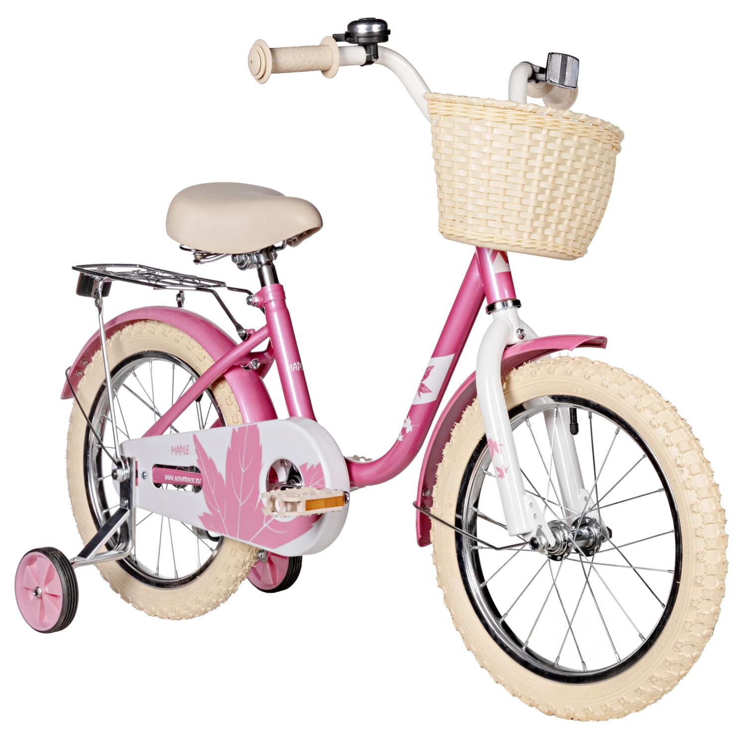 Велосипед NOVATRACK 16, MAPLE, розовый, полная защита цепи, тормоз нож., крылья, багажник, пер.корзина