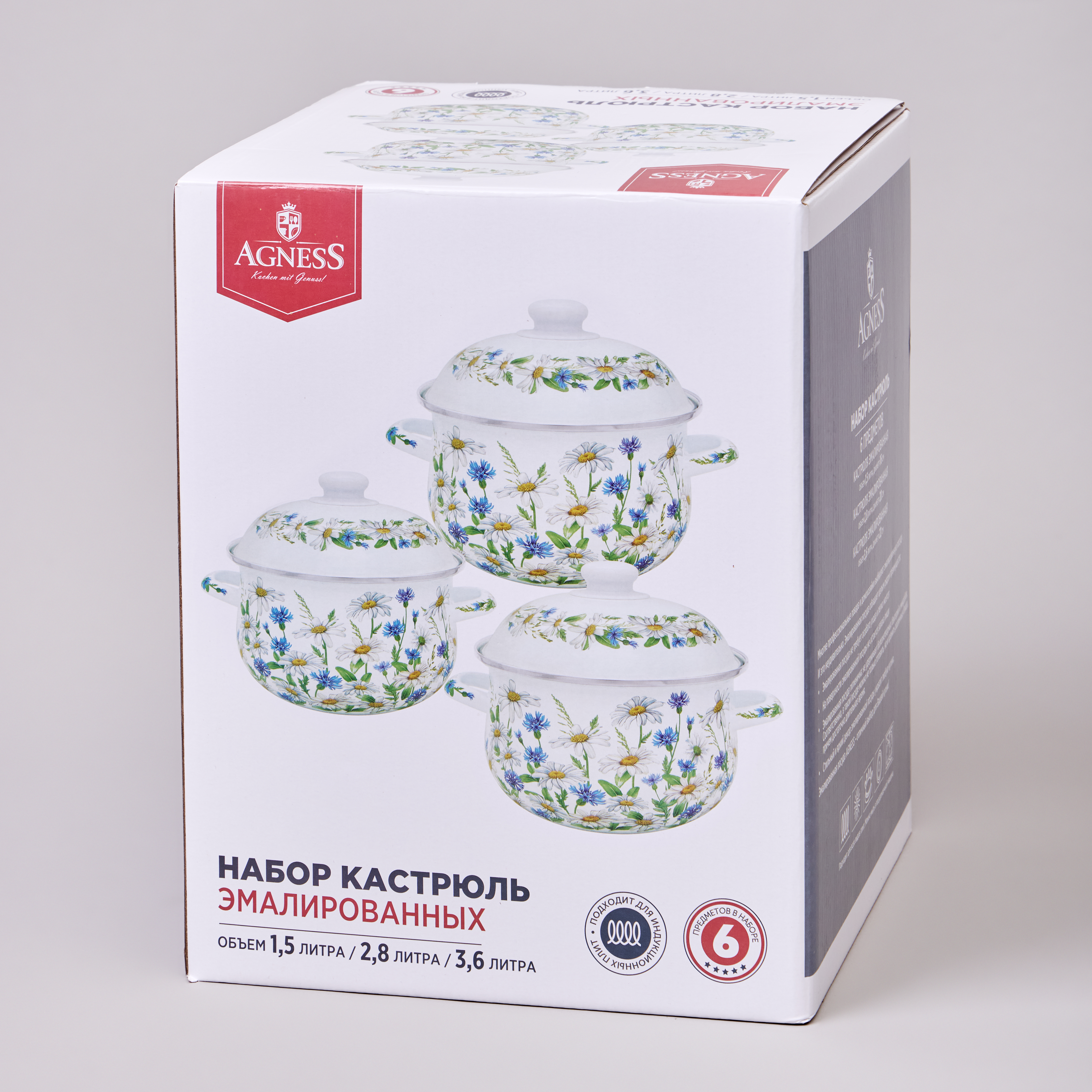 НАБОР КАСТРЮЛЬ AGNESS ЭМАЛИРОВАННЫХ СЕРИЯ, SENTIMENT,  6ПР. 1, 5/2, 8/3, 6Л, 16Х10/20Х12/22Х13СМ