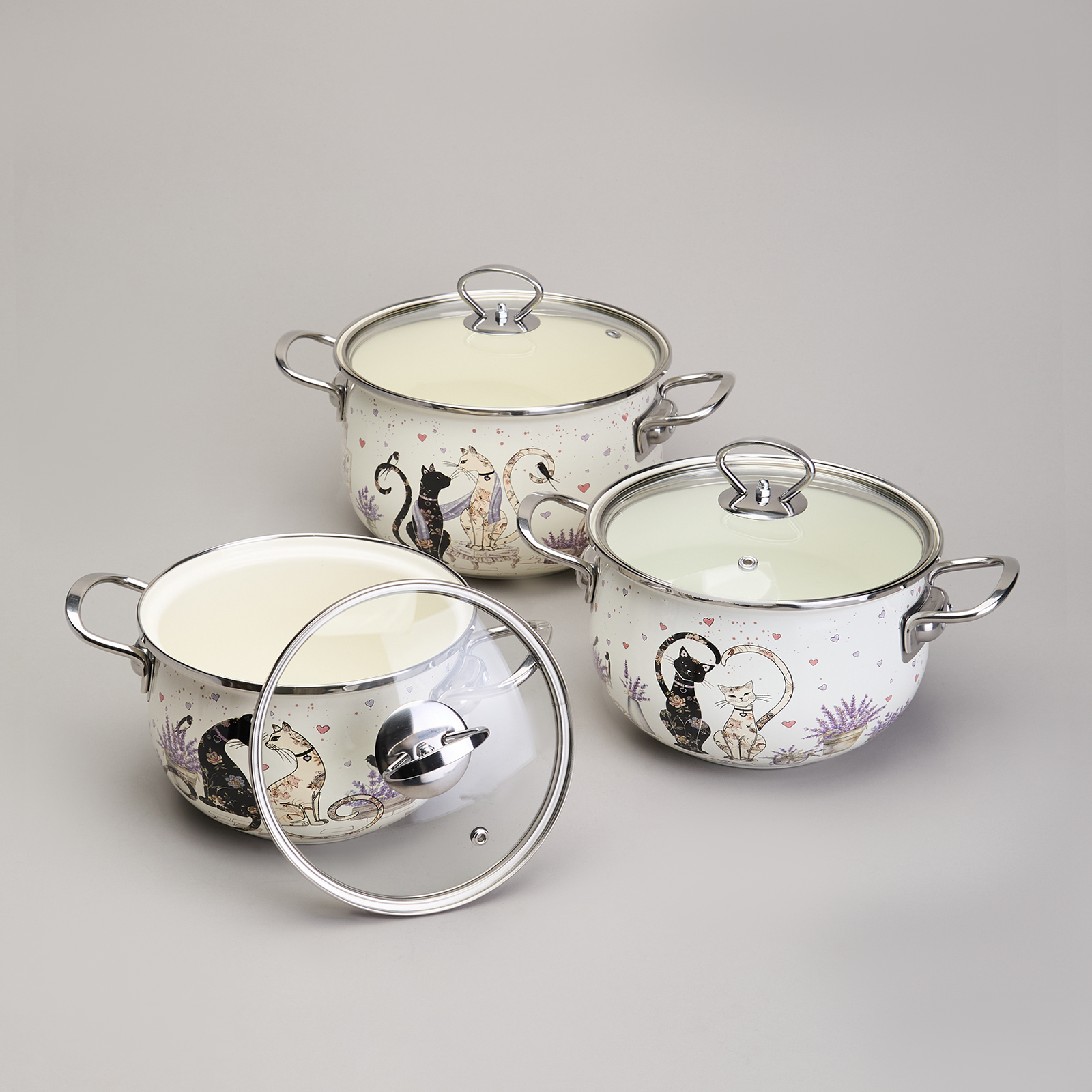 НАБОР КАСТРЮЛЬ ЭМАЛИРОВАННЫЙ, СЕРИЯ, LAVANDER CATS 6ПР. 2, 0/2, 8/3, 8Л ДИА.18/20/22СМ