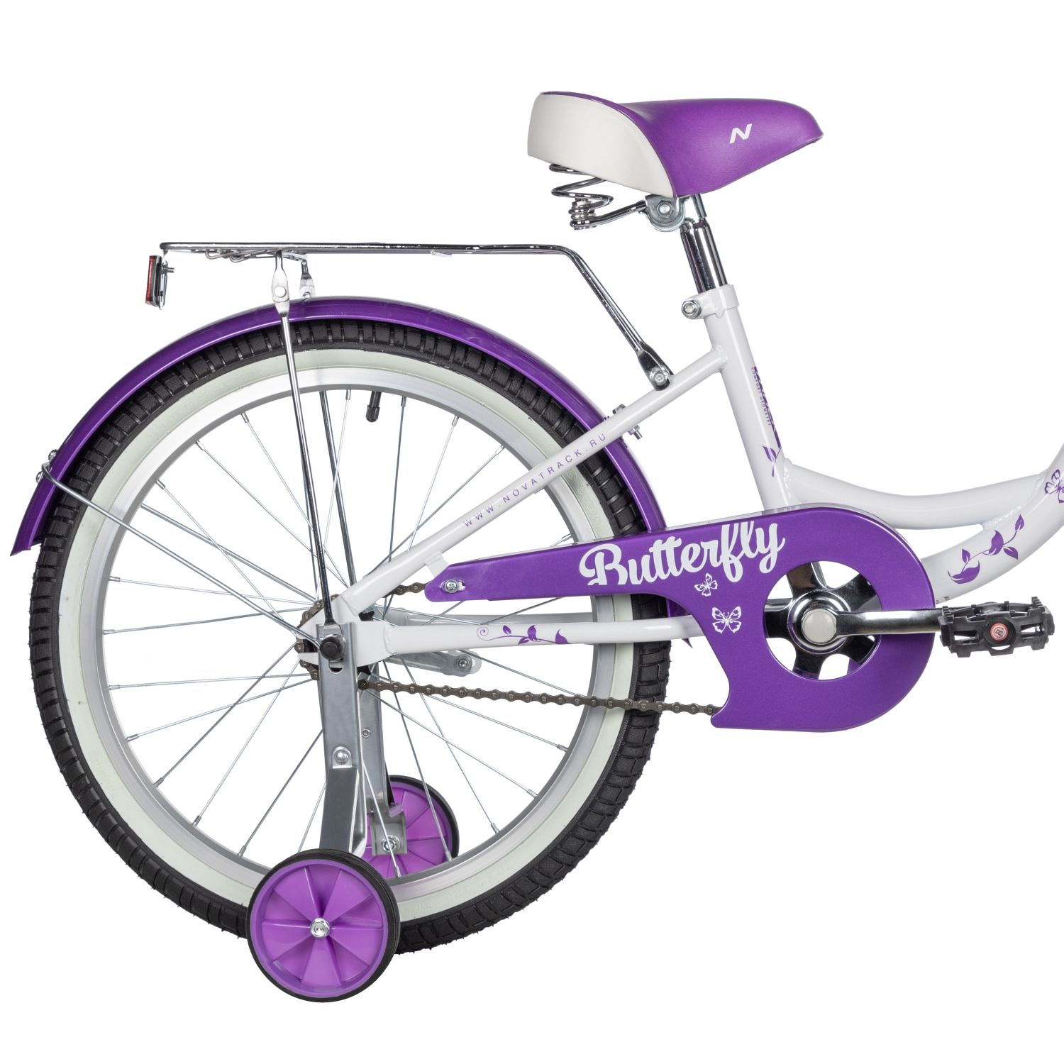 Велосипед NOVATRACK 20, BUTTERFLY, белый-фиолетовый, тормоз ножной, крылья и багажник