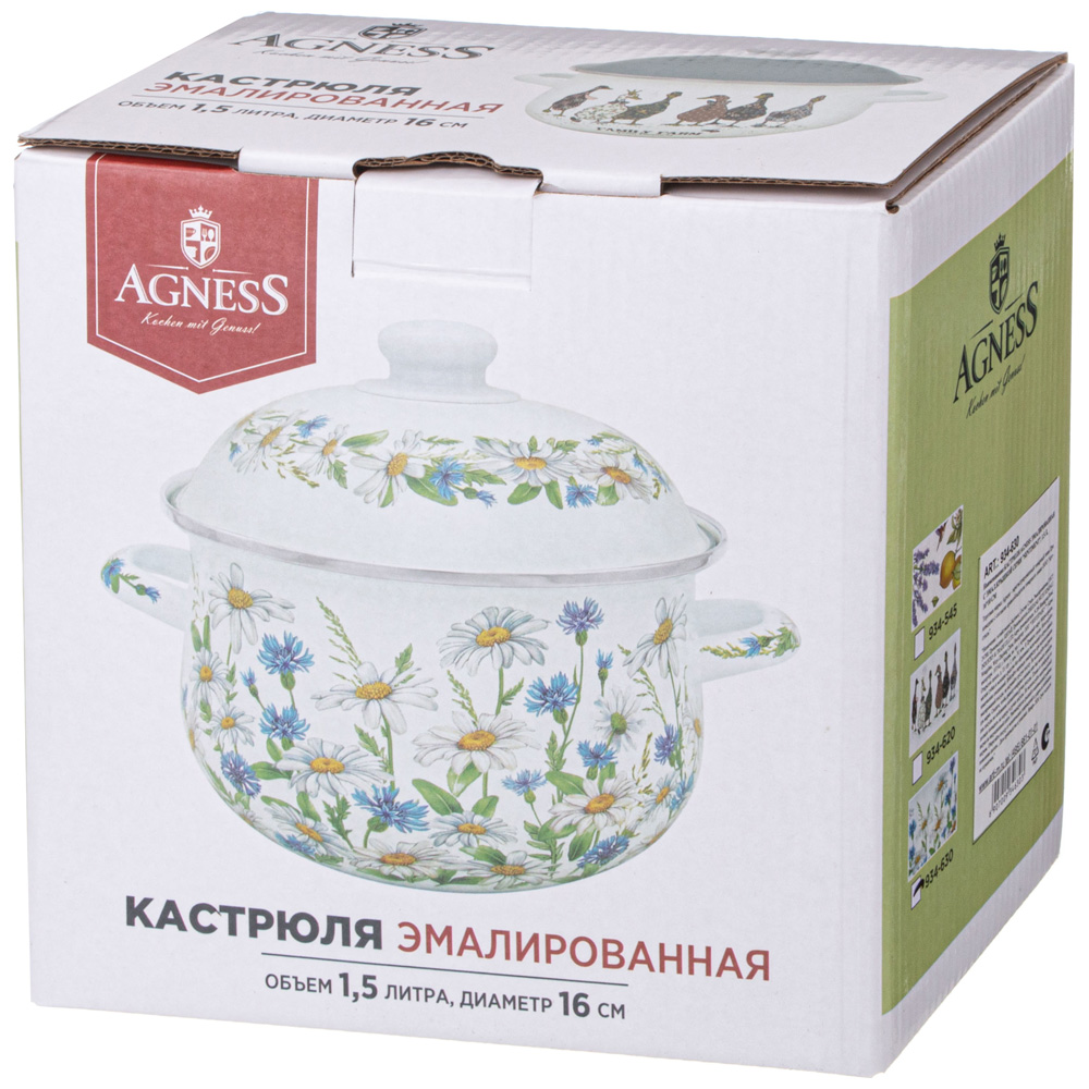 КАСТРЮЛЯ AGNESS ЭМАЛИРОВАННАЯ С ЭМАЛ.КРЫШКОЙ СЕРИЯ, FAMILY FARM,  1.5 Л, 16*10 СМ