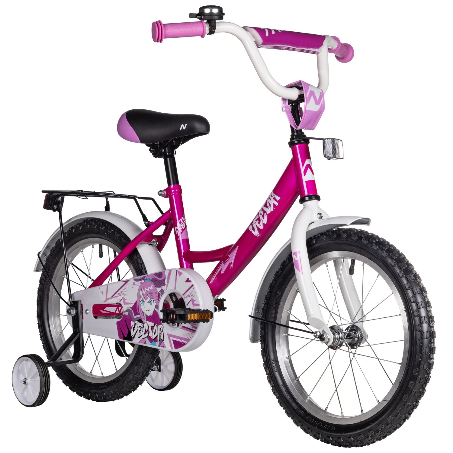Велосипед NOVATRACK 16,  VECTOR, фуксия, полная защита цепи, тормоз нож., крылья, багажник