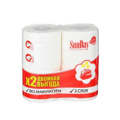 Бумага туалетная SunDay/Velis/Classic 2-х слойная Белая, 4шт, арт. 000343, 1/30