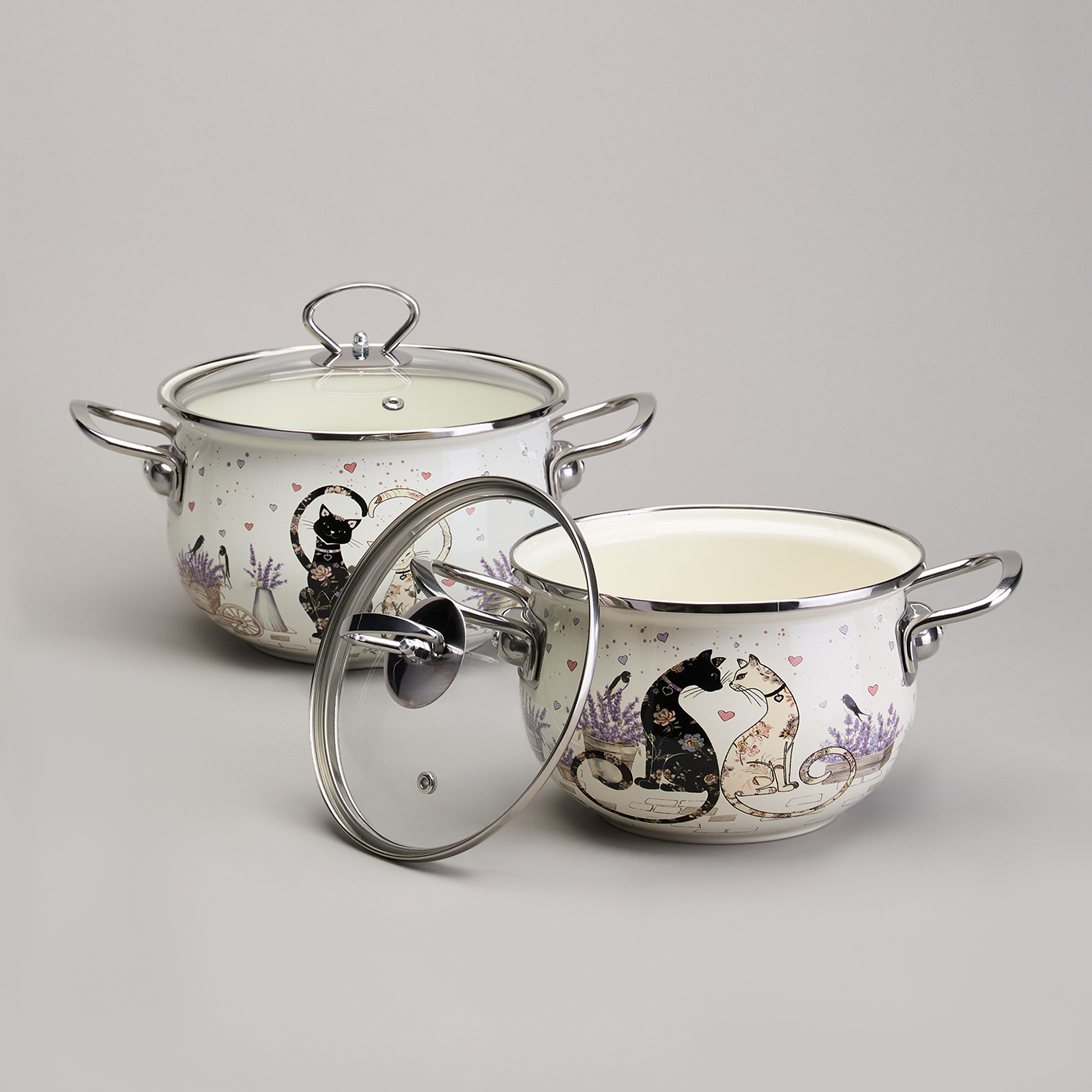 НАБОР КАСТРЮЛЬ ЭМАЛИРОВАННЫЙ, СЕРИЯ, LAVANDER CATS, 4ПР. 2, 0/2, 8Л ДИА.18/20СМ