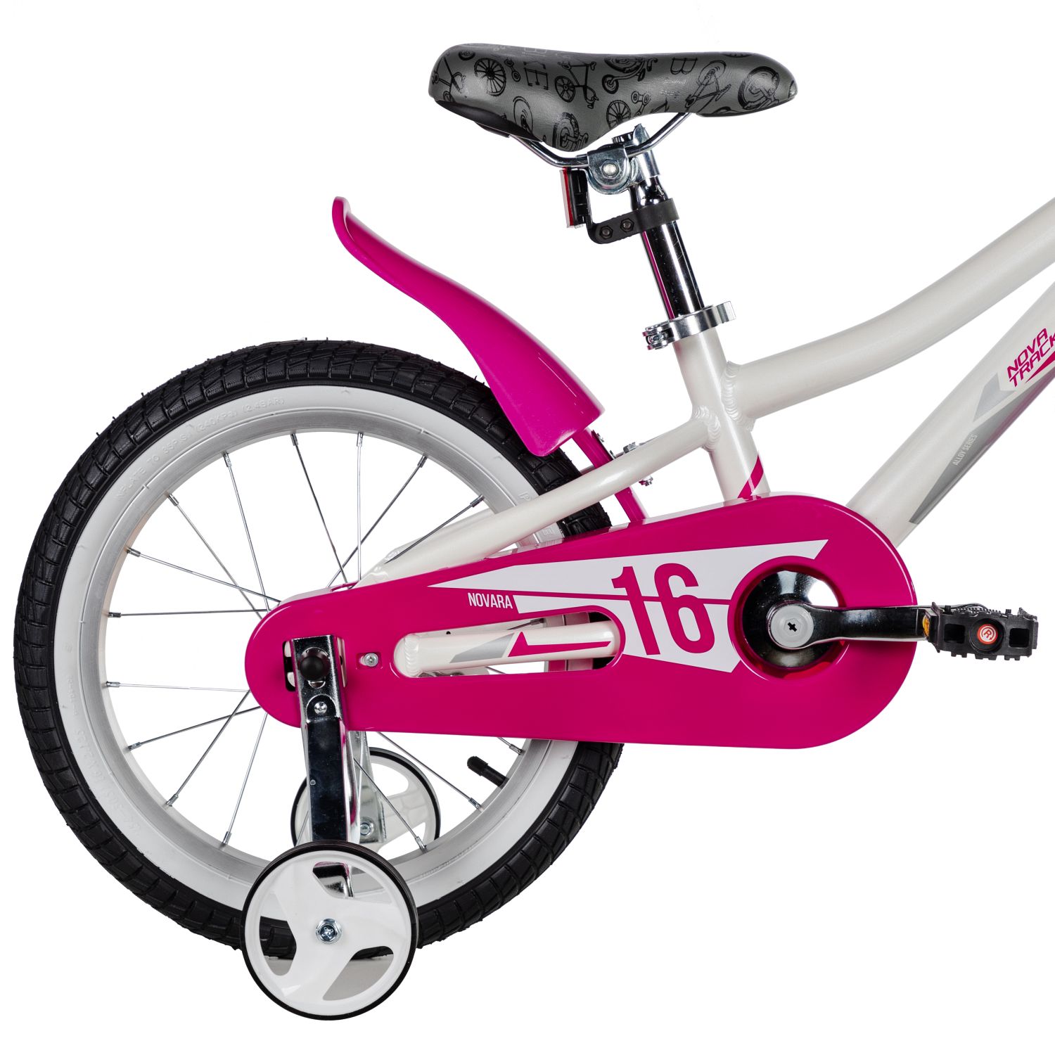 Велосипед NOVATRACK 16, NOVARA алюм., белый, пер.руч., зад.нож. тормоз, короткие крылья, полная защи