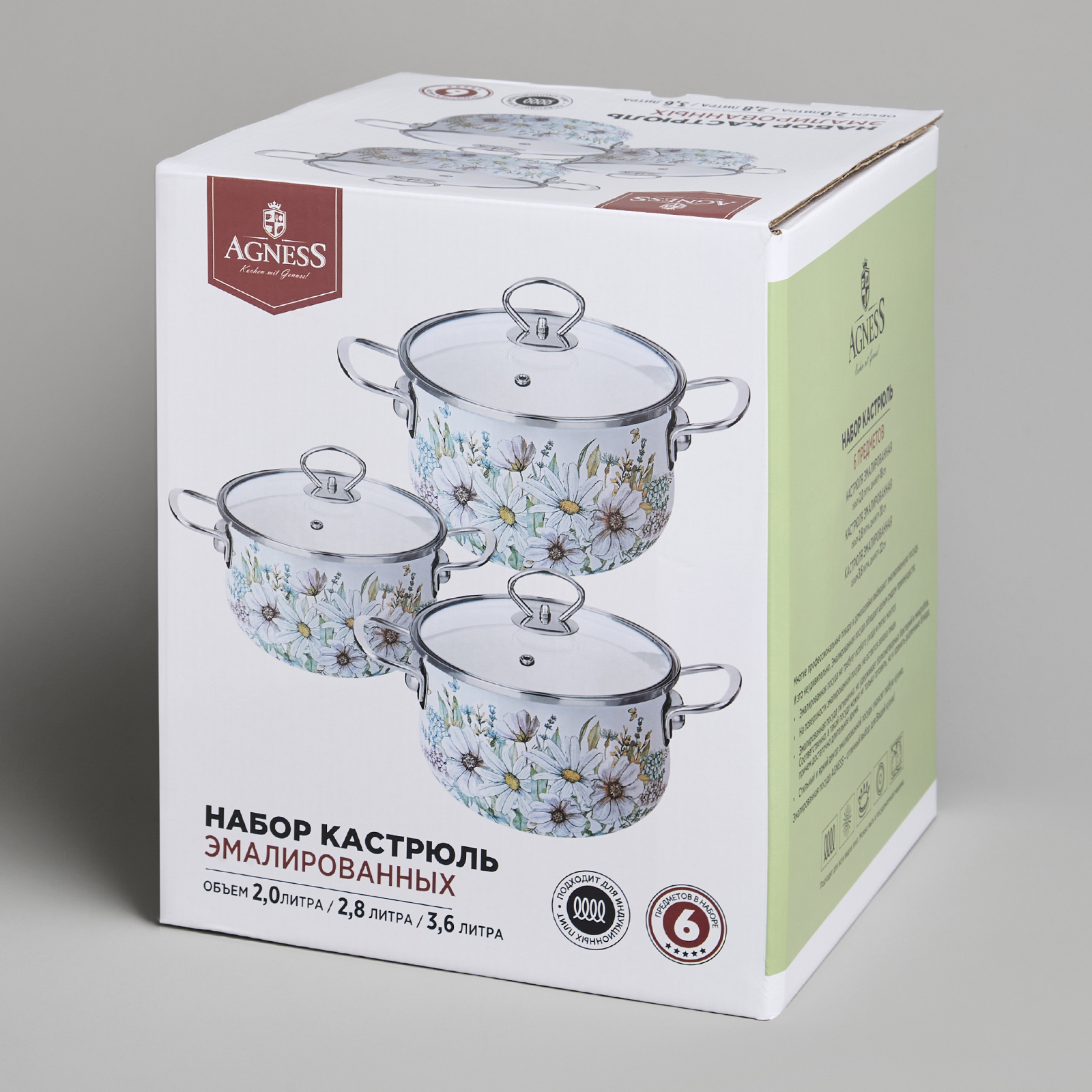 НАБОР КАСТРЮЛЬ AGNESS ЭМАЛИРОВАННЫХ СЕРИЯ, ДВОРЦОВЫЙ ПАРК,  6ПР. 2, 0/2, 8/3, 6Л, 18Х11/20Х12/22Х13СМ