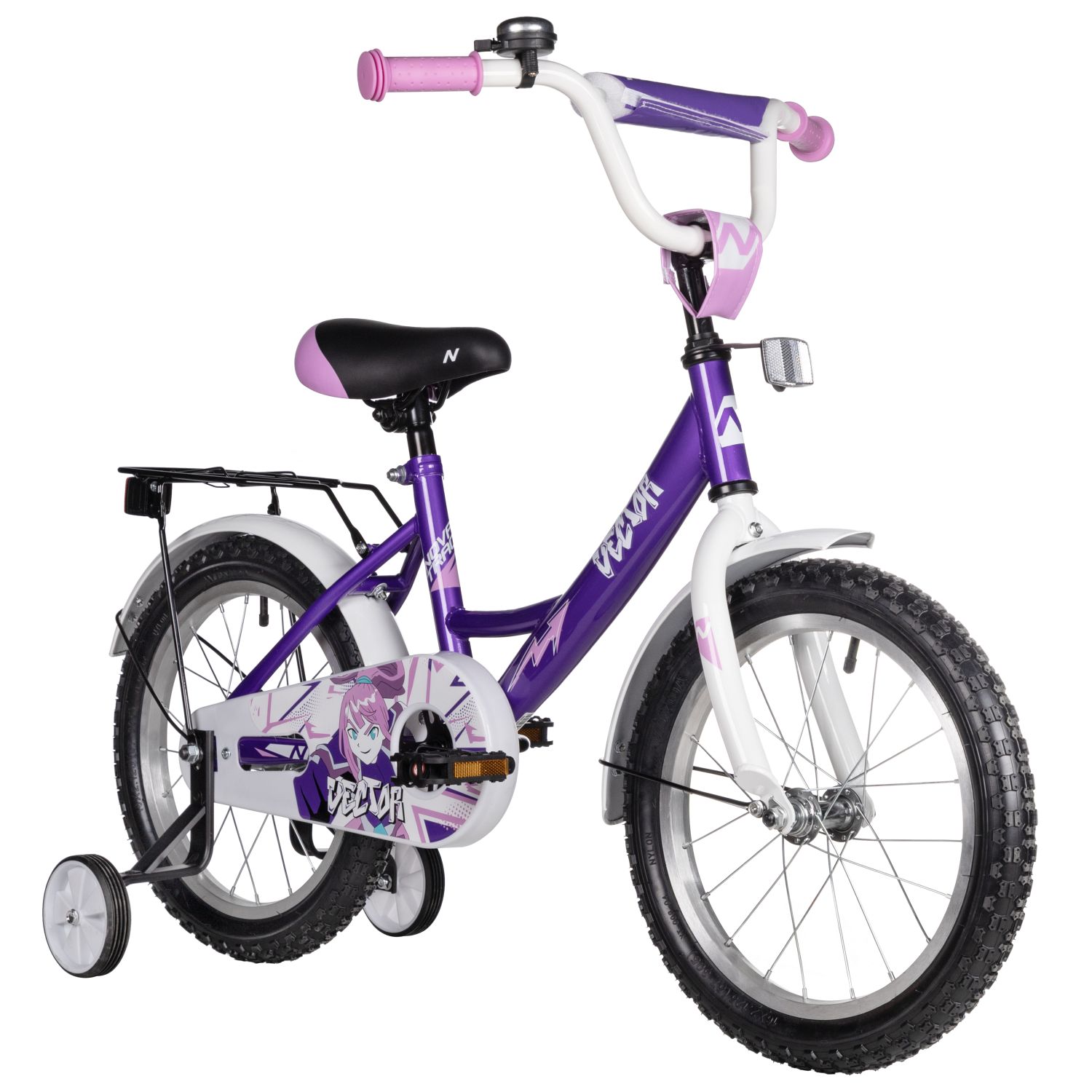 Велосипед NOVATRACK 16,  VECTOR, фиолетовый, полная защита цепи, тормоз нож., крылья, багажник