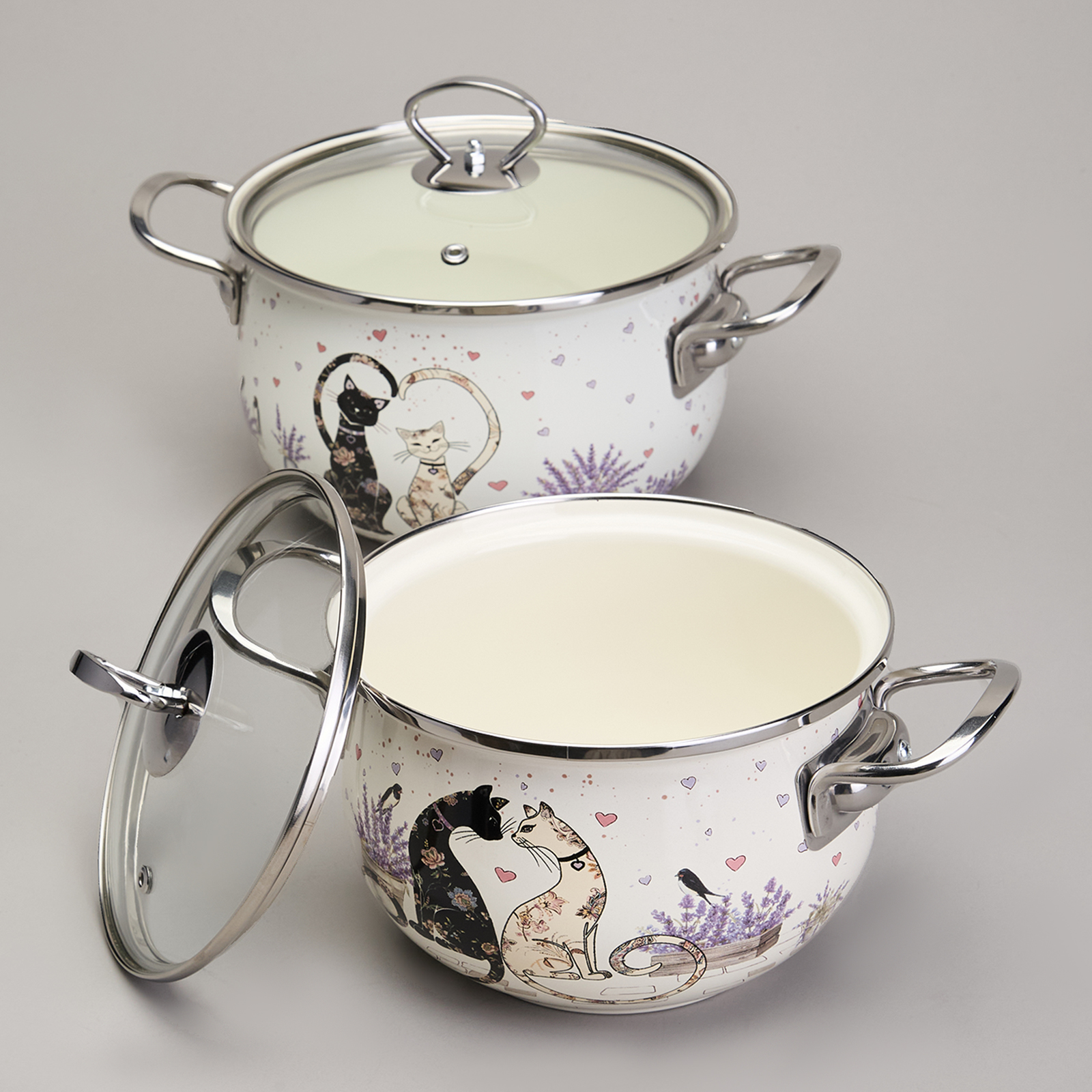 НАБОР КАСТРЮЛЬ ЭМАЛИРОВАННЫЙ, СЕРИЯ, LAVANDER CATS, 4ПР. 2, 0/2, 8Л ДИА.18/20СМ