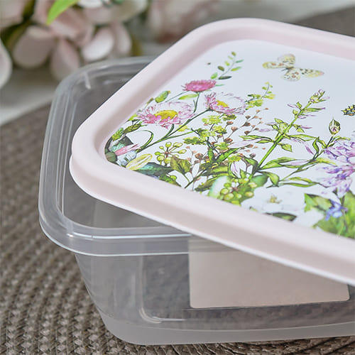 Контейнер для продуктов 0.5 л Homver 223110807/01, с декором Цветущий луг прямоугольный, светло-розовый