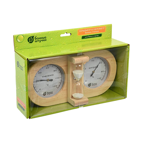 Станция банная термометр с гигрометром, с песочными часами, 27х13,8х7,5 см, для бани и сауны Банные штучки, 1/4