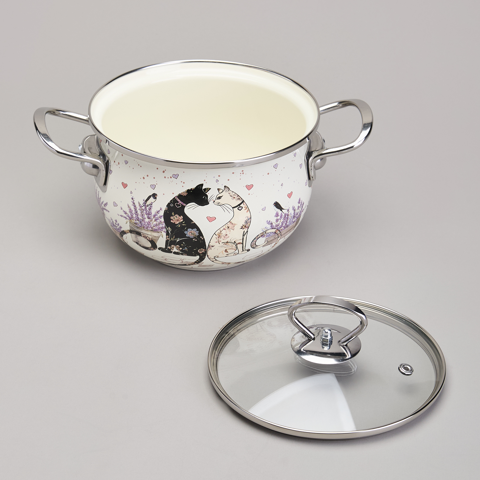 КАСТРЮЛЯ AGNESS ЭМАЛИРОВАННАЯ СО СТЕКЛЯННОЙ КРЫШКОЙ СЕРИЯ, LAVANDER CATS,  2, 0 Л ДИА. 18СМ