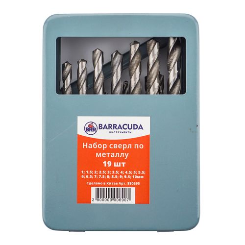 Набор сверл по металлу №1 цилиндрический хвостовик （1-10mm ）19 шт Барракуда стальной кейс, 1/50