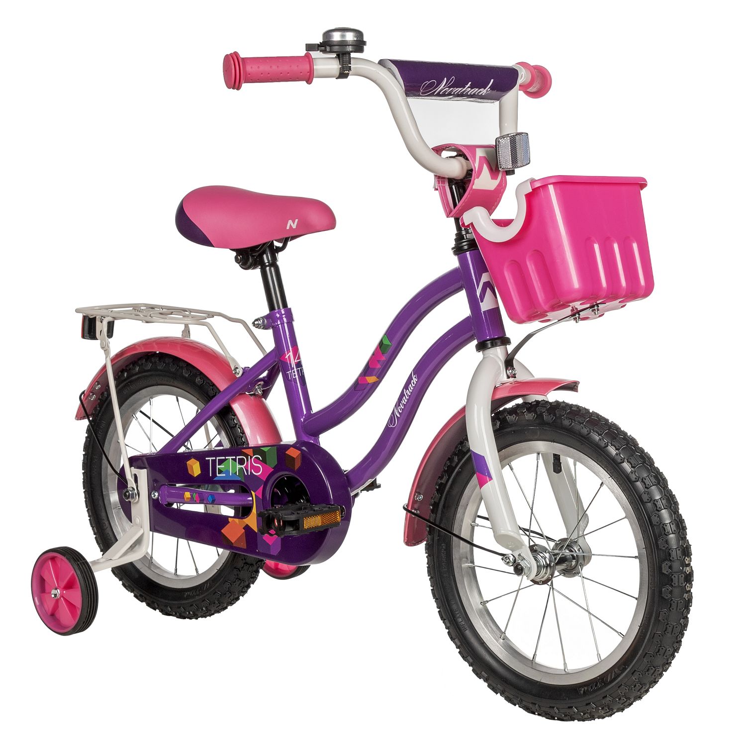 Велосипед NOVATRACK 14" TETRIS фиолетовый, тормоз нож, крылья цвет, багажник, корзина, полная защ.це