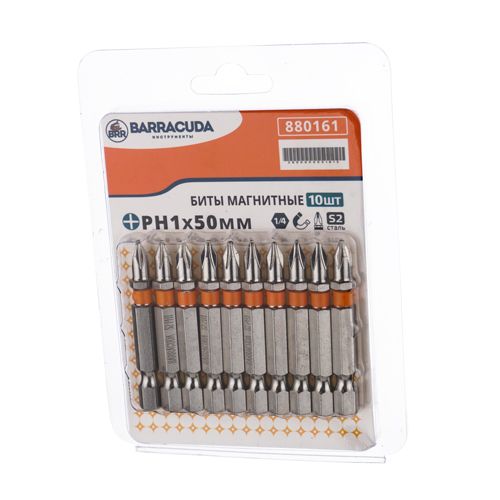 Биты PH1 50мм Барракуда сталь S2 магнитный наконечник, цена за 10шт, черные, 1/20/200