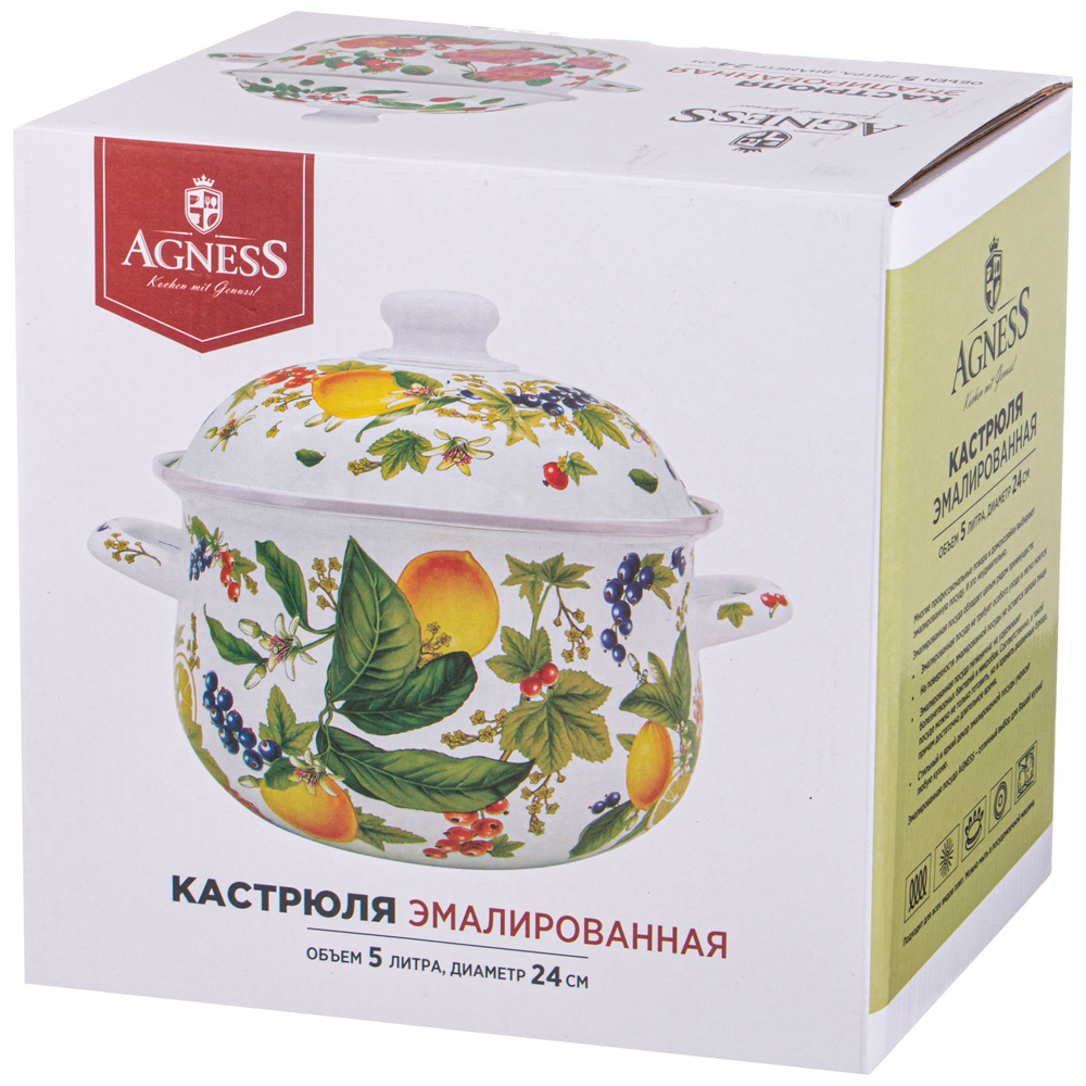 КАСТРЮЛЯ AGNESS ЭМАЛИРОВАННАЯ С ЭМАЛ.КРЫШКОЙ СЕРИЯ, ФРУКТОВАЯ КОРЗИНА,  5.0 Л, 24*14 СМ