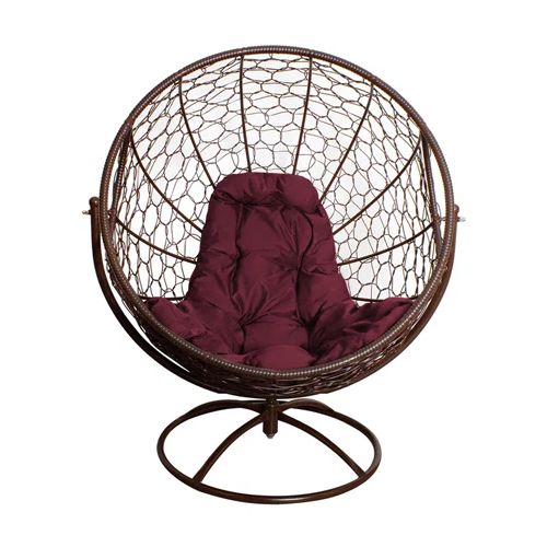 Вращающееся кресло ГАГАРИН с ротангом, коричневое, бордовая подушка