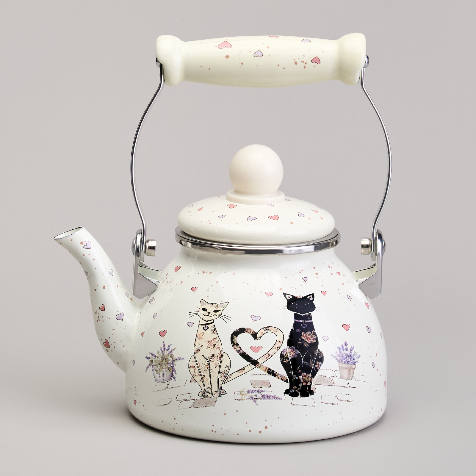 ЧАЙНИК AGNESS ЭМАЛИРОВАННЫЙ СО СЪЕМНЫМ ФИЛЬТРОМ ИЗ НЖС СЕРИЯ, LAVANDER CATS,  1, 1 Л