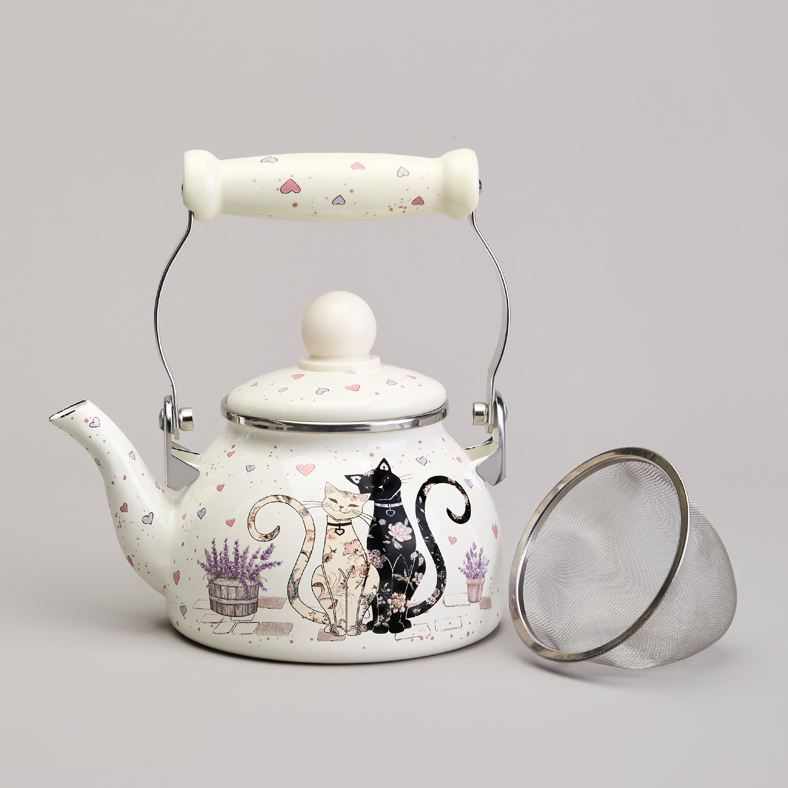 ЧАЙНИК AGNESS ЭМАЛИРОВАННЫЙ СО СЪЕМНЫМ ФИЛЬТРОМ ИЗ НЖС СЕРИЯ, LAVANDER CATS,  0, 85 Л