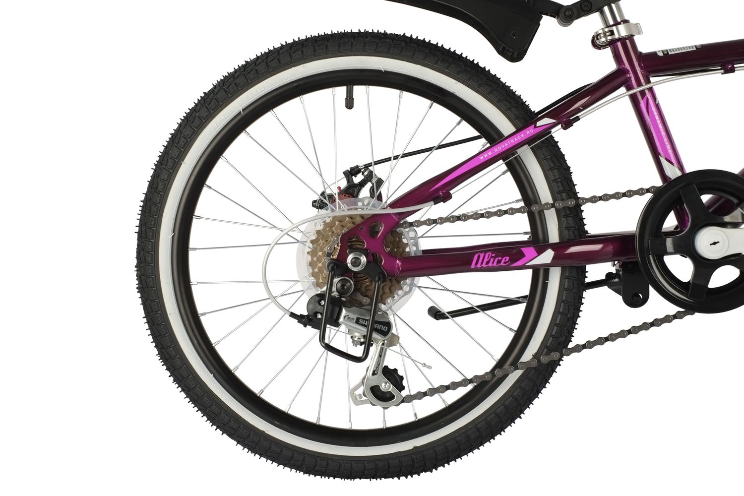 Велосипед NOVATRACK 20, ALICE пурпурный,   стальная рама, 6 скор., Shimano TY21/Microshift TS38, диск
