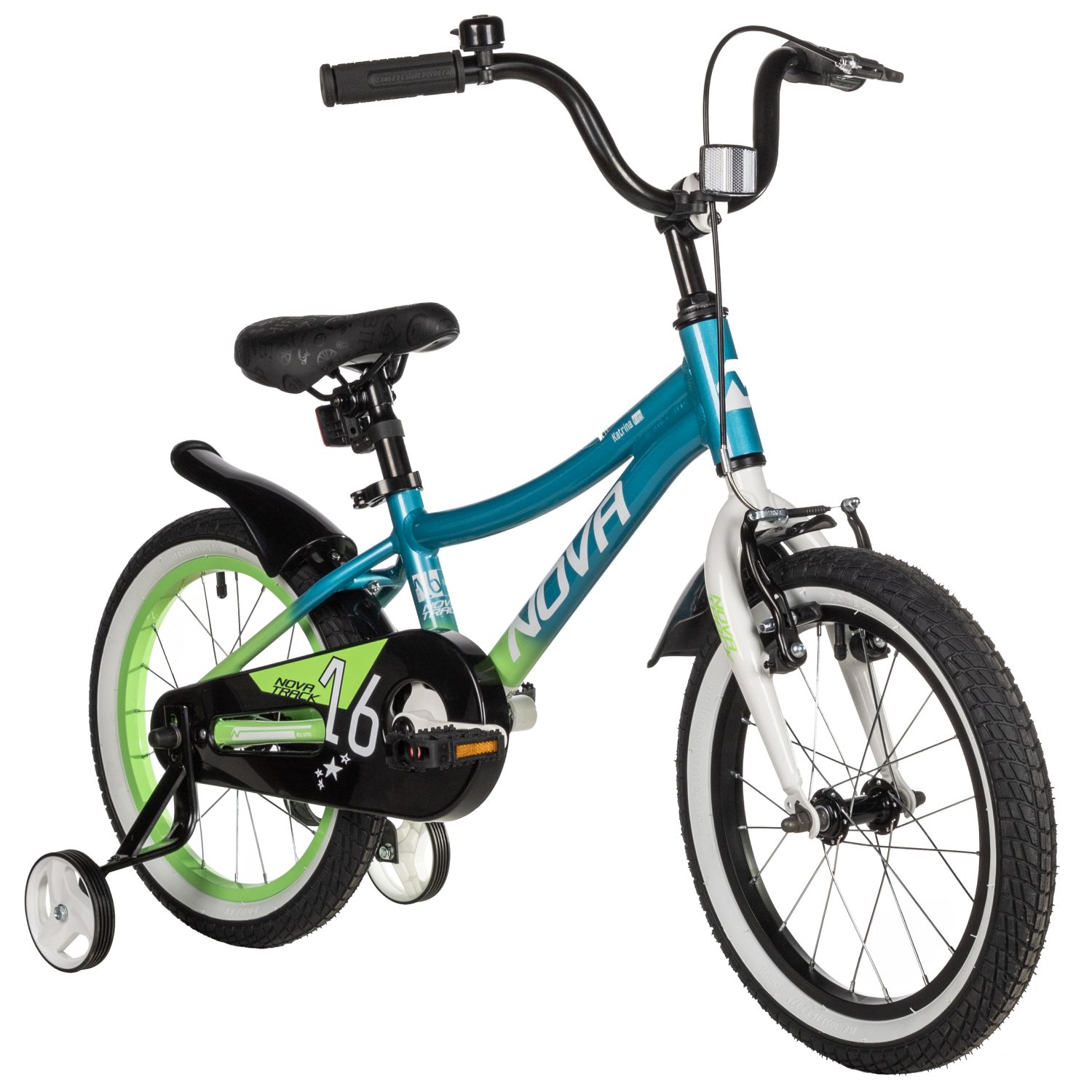 Велосипед NOVATRACK 16, KATRINA алюм., голубой-салатов, полная защ.цепи, пер.руч., зад.нож. тормоз, к