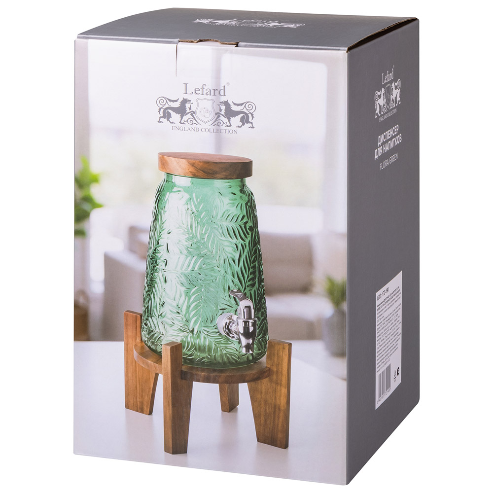 ДИСПЕНСЕР ДЛЯ НАПИТКОВ FLORA GREEN 3,5 Л НА ДЕРЕВЯННОЙ ПОДСТАВКЕ (АКАЦИЯ)