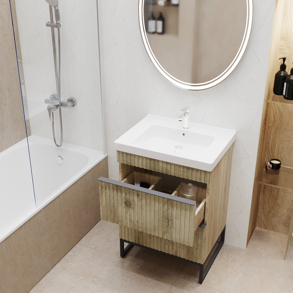 Тумба д/ванной, Окленд -60,  ОТДЕЛЬНО ПРИОБРЕТАЕТСЯ РАКОВИНА Дуб Мелфорд под раковину Грэйс- 60, DREJA ЛОФТ, ПВХ, раковина в комплект не входит