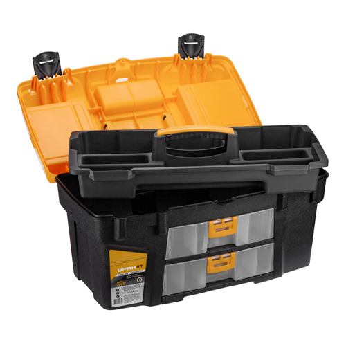 Ящик для инструментов IDEA УРАН 21, М 2927, с двумя консолями и коробками, желтый с черным