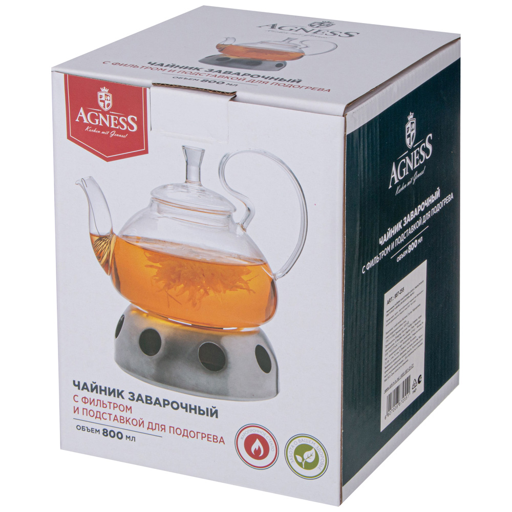 ЧАЙНИК ЗАВАРОЧНЫЙ AGNESS С ФИЛЬТРОМ ИЗ НЖС И ПОДСТАВКОЙ ДЛЯ ПОДОГРЕВА 800 МЛ, КОР=18 НАБОР.