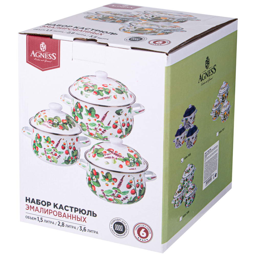 НАБОР КАСТРЮЛЬ AGNESS ЭМАЛИРОВАННЫХ СЕРИЯ, ФРУКТОВАЯ КОРЗИНА,  6ПР. 1, 5/2, 8/3, 6Л, 16Х10/20Х12/22Х13СМ