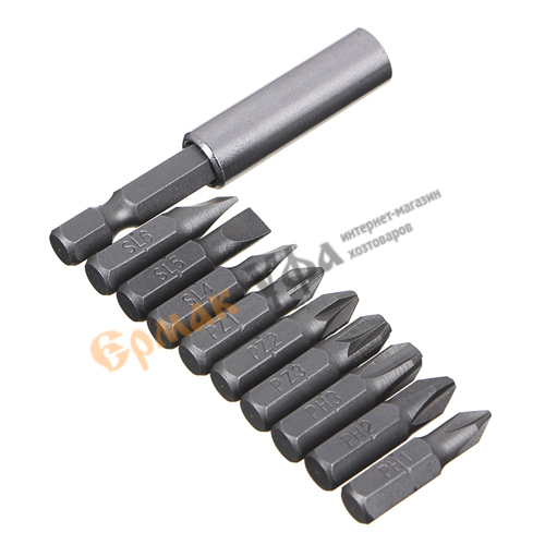 Набор бит 10 пр: удлинитель-адаптер с магнитным держателем для бит; 9 бит длиной 25мм ЕРМАК, 1/180