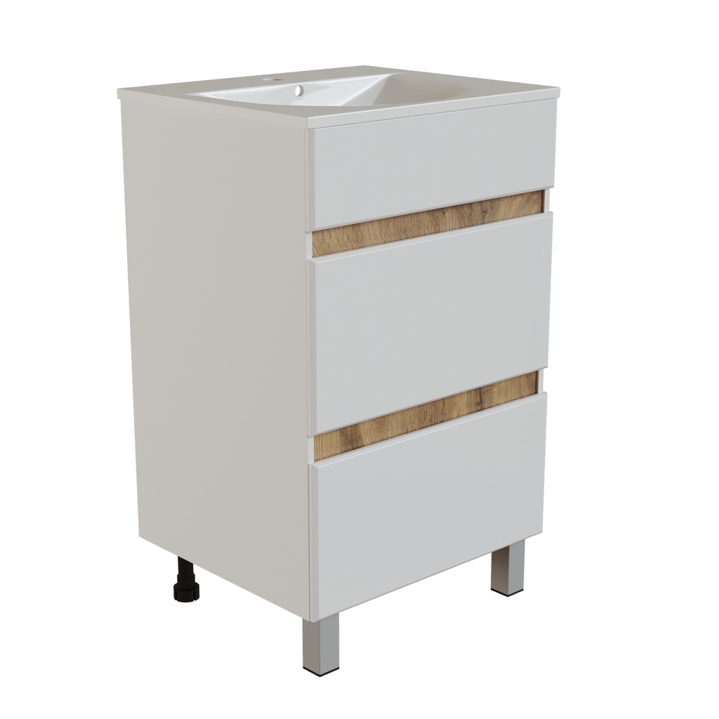 Тумба д/ванной, БРИКС-60,  ОТДЕЛЬНО ПРИОБРЕТАЕТСЯ РАКОВИНА 2 ящика белый/дуб вотан под рак., Breeze 60, мебельный, Sanita Luxe, ПВХ, раковина в комплект не входит