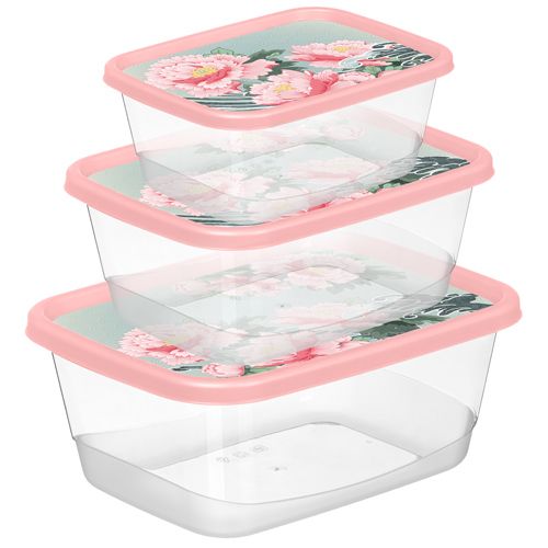 Комплект контейнеров для продуктов прямоугольных 3 шт 0.5 л 0.85 л 1.5 л с декором Сад пионов