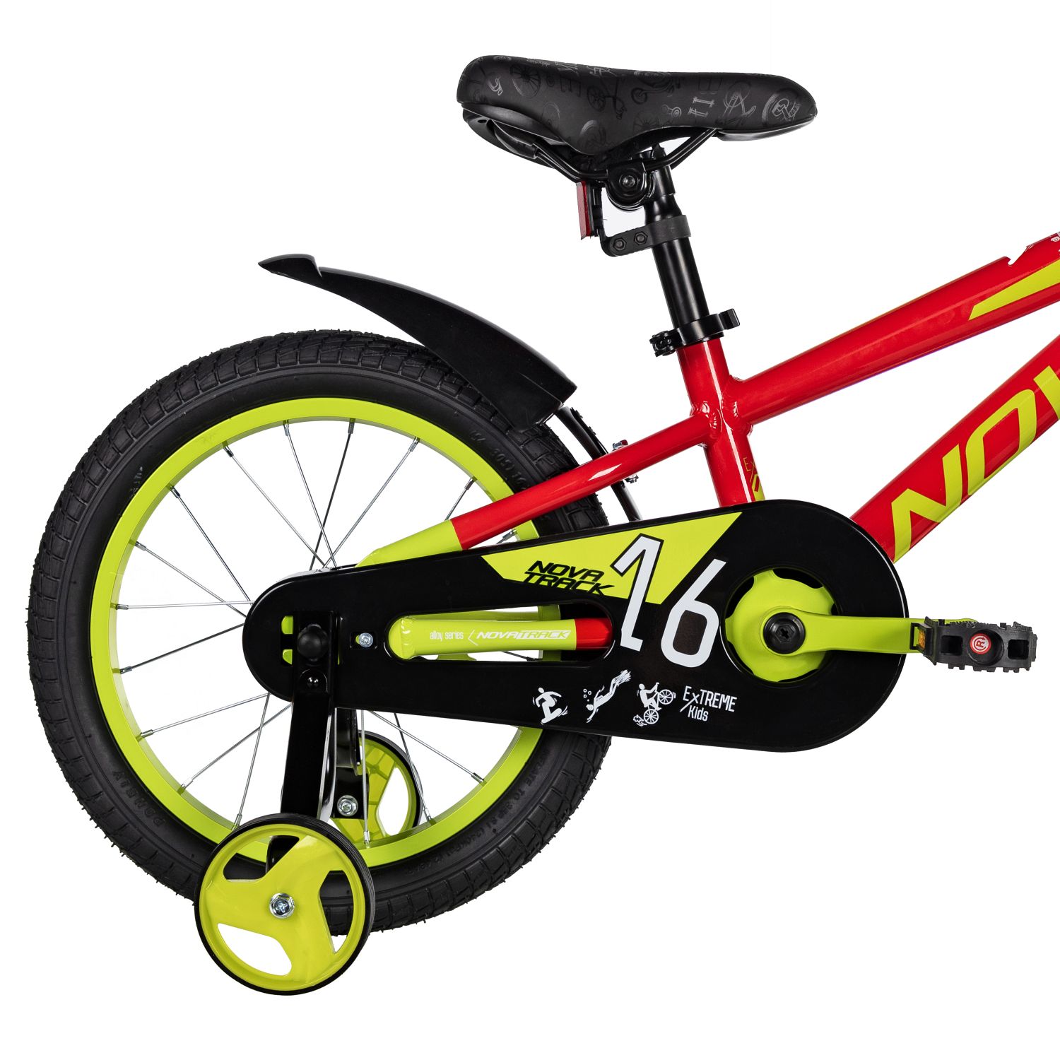 Велосипед NOVATRACK 16, EXTREME алюм., красный, полная защ.цепи, пер.руч., зад.нож. тормоз, короткие
