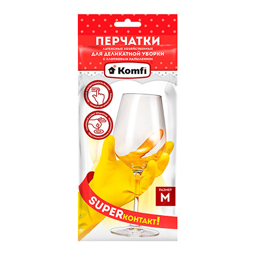 Перчатки латексные хозяйственные Для деликатной уборки с х/б напылением M Komfi DGL017L, 12/240