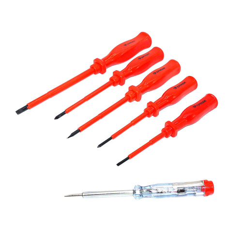 Набор отверток 6 шт диэлектрических, SL5. 5*125, SL4*100, PH1*100, SL3*75, PH0*75, ТЕСТЕР 140ММ, ЕРМАК, 1/50