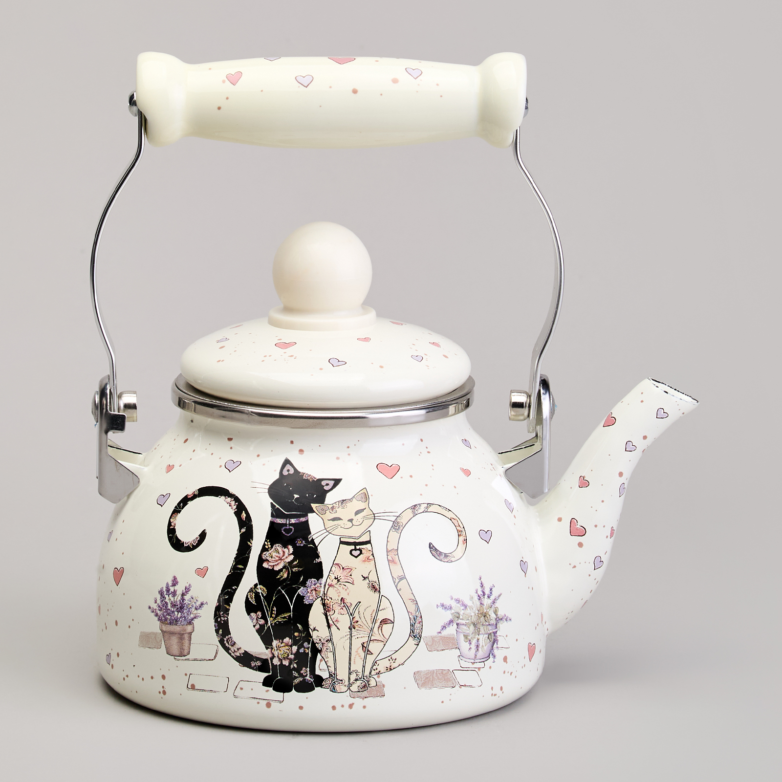 ЧАЙНИК AGNESS ЭМАЛИРОВАННЫЙ СО СЪЕМНЫМ ФИЛЬТРОМ ИЗ НЖС СЕРИЯ, LAVANDER CATS,  0, 85 Л