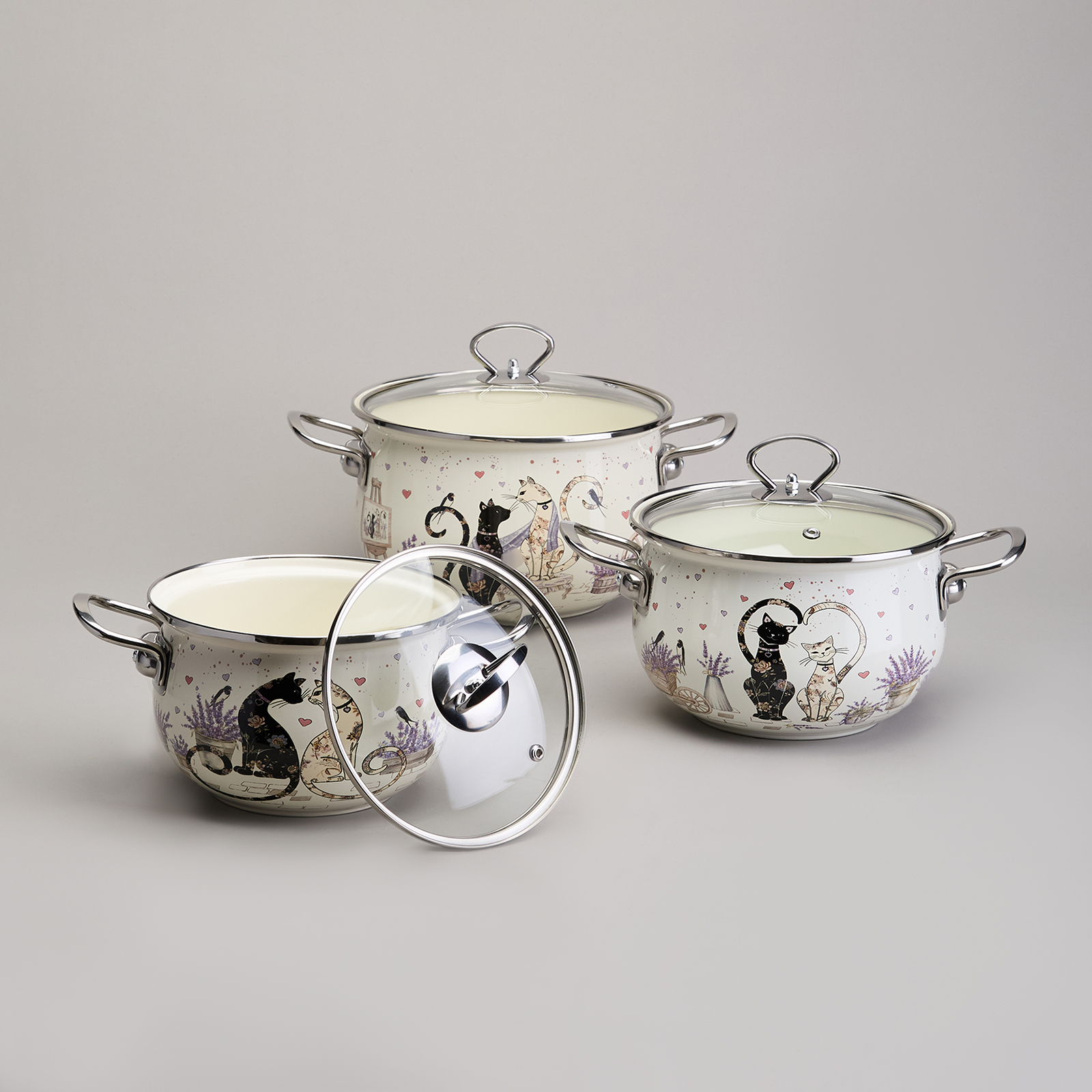 НАБОР КАСТРЮЛЬ ЭМАЛИРОВАННЫЙ, СЕРИЯ, LAVANDER CATS 6ПР. 2, 0/2, 8/3, 8Л ДИА.18/20/22СМ
