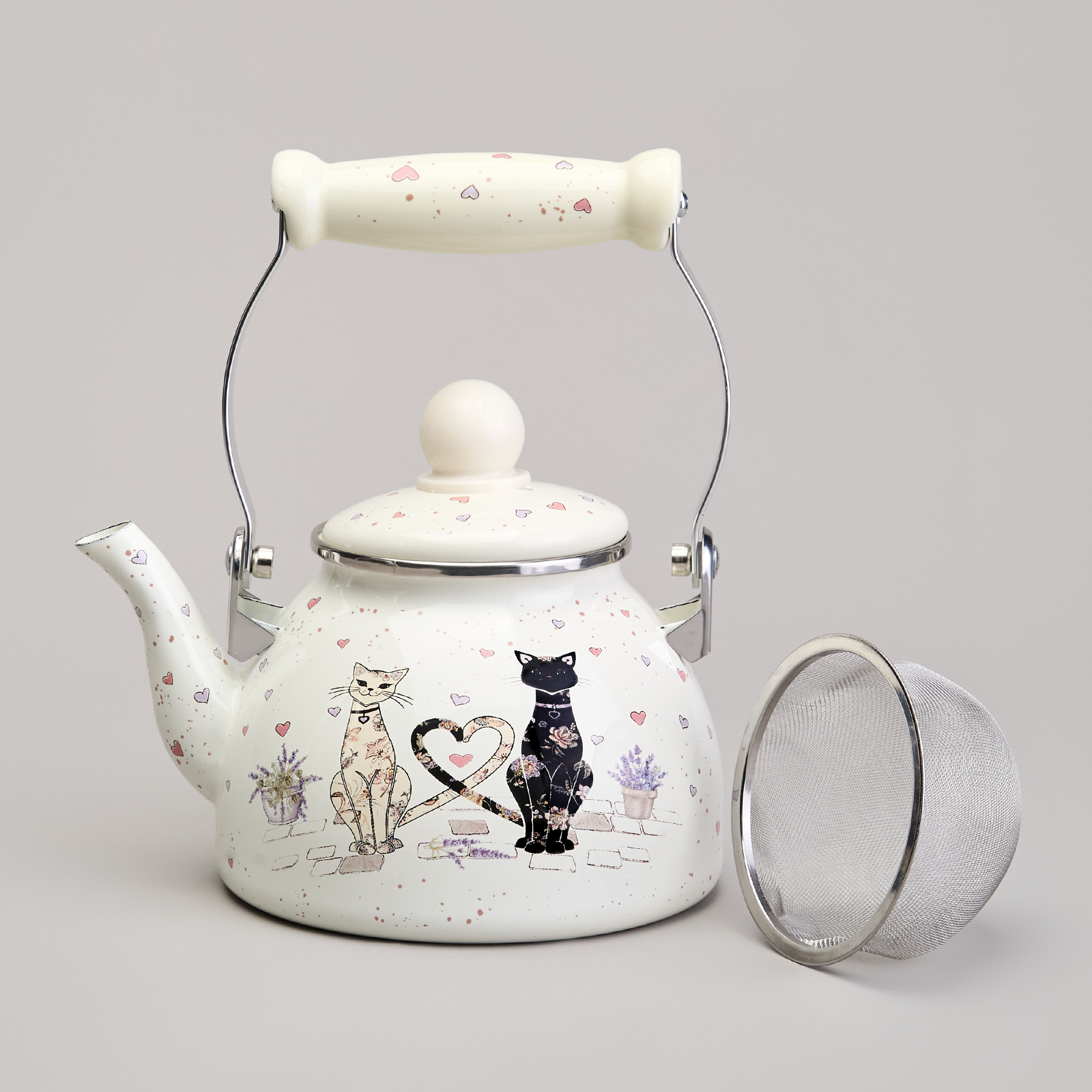 ЧАЙНИК AGNESS ЭМАЛИРОВАННЫЙ СО СЪЕМНЫМ ФИЛЬТРОМ ИЗ НЖС СЕРИЯ, LAVANDER CATS,  1, 1 Л
