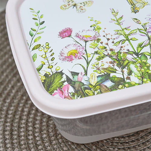Контейнер для продуктов 1.5 л Homver 223111007/01, с декором Цветущий луг, прямоугольный, светло-розовый