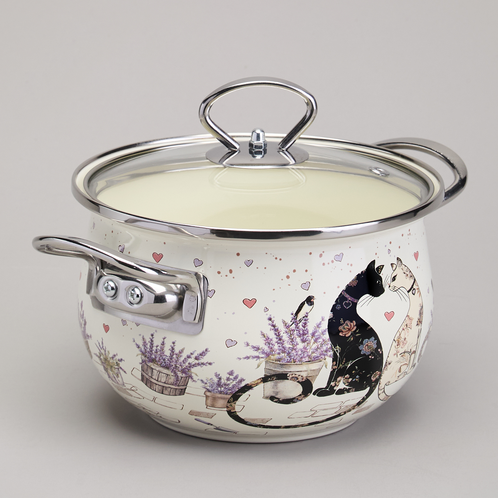 КАСТРЮЛЯ AGNESS ЭМАЛИРОВАННАЯ СО СТЕКЛЯННОЙ КРЫШКОЙ СЕРИЯ, LAVANDER CATS,  2, 0 Л ДИА. 18СМ